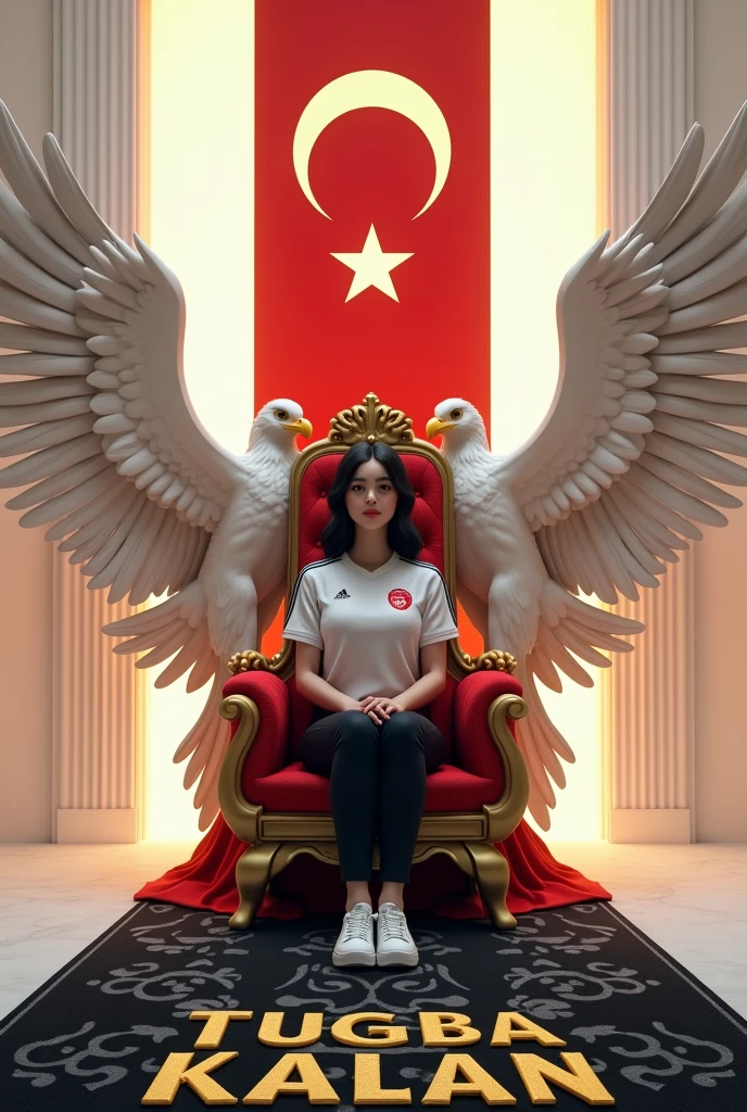 LET IT BE A PLACE WITH WHITE LIGHT. THERE SHOULD BE EAGLES ON THE RIGHT AND LEFT, AND THERE SHOULD BE THE QUEEN'S SEAT IN THE CENTER. LET THERE BE A TURKISH FLAG IN THE PHOTO. A 23-YEAR-OLD WOMAN WITH BLACK HAIR IS SITTING IN THE ROYAL SEAT. THE WOMAN'S DRESS MUST BE ON A WHITE JERSEY AND BLACK TROUSERS. "TUGBA KALAN" SHOULD BE WRITTEN ON THE WALL WITH A 3D LOGO. THE COLOR SHOULD BE GOLDEN YELLOW. THERE MUST BE CARPET ON THE FLOOR AND IT SHOULD BE IN BLACK AND WHITE COLOR. IT SHOULD WRITE "TUGBA KALAN" ON IT.