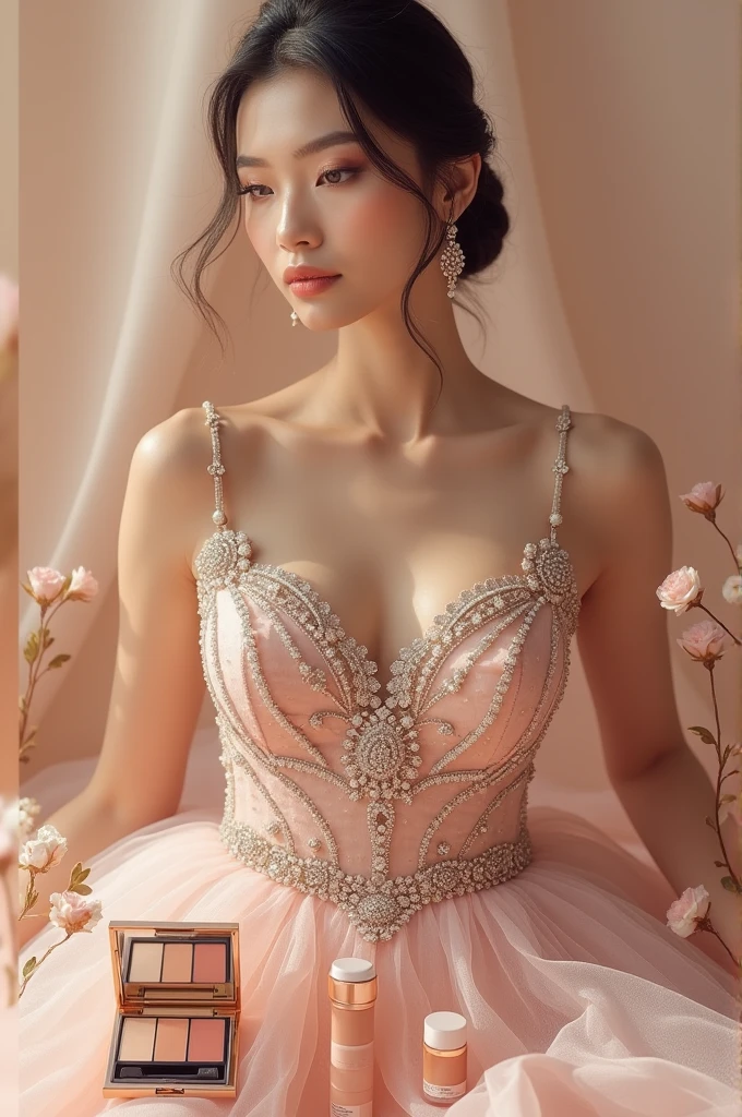 Cover photo for beauty brand: Cosmetics items and gown organised 
