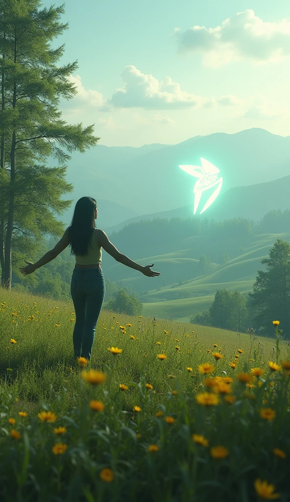Ultra-realistic image in 8k, a person in a field overlooking a logo passing by my mountains with trees and flowers around a phenomenal place, This person has open arms symbolizing the search for hope, a darker shade