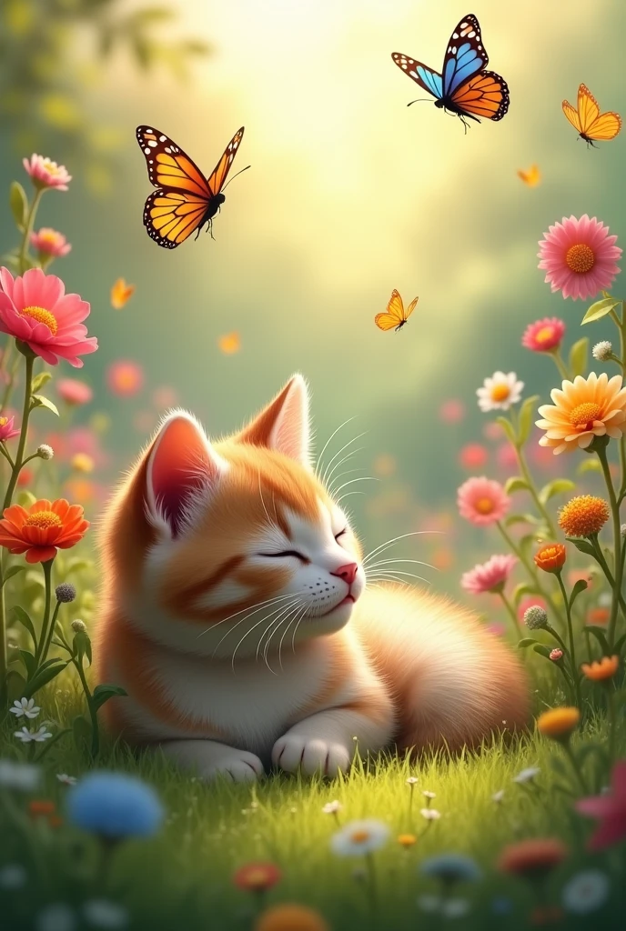 Little cat in a beautiful garden . Her eyes shone when she saw many butterflies among the flowers .
She fell asleep in the grass under the rays of the sun.
