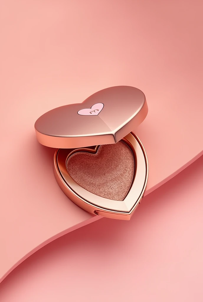 Bao bì 1 phấn mắt lẻ với hình trái tim và có nắp hình trái tim, được phủ một màu vàng hồng và nghiêng về nhiều hồng lấy cảm hứng từ hãng mỹ phẩm Charlotte tilbury và trên nắp có logo chữ M có kèm trái tim nhỏ nằm trên đầu của chữ M