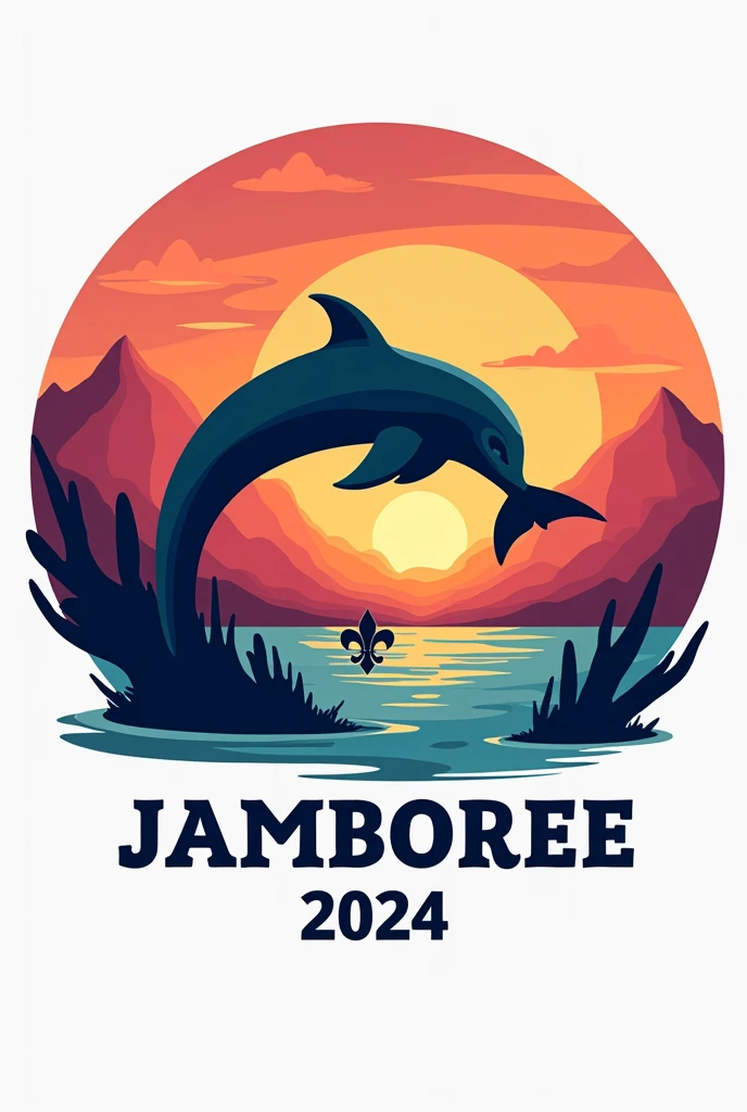 I need a round logo that has a dolphin with a sunset in the background and the fleur-de-lis of the world scout movement., that below the image has the word JAMBOREE 2024 in capital letters, on a text box