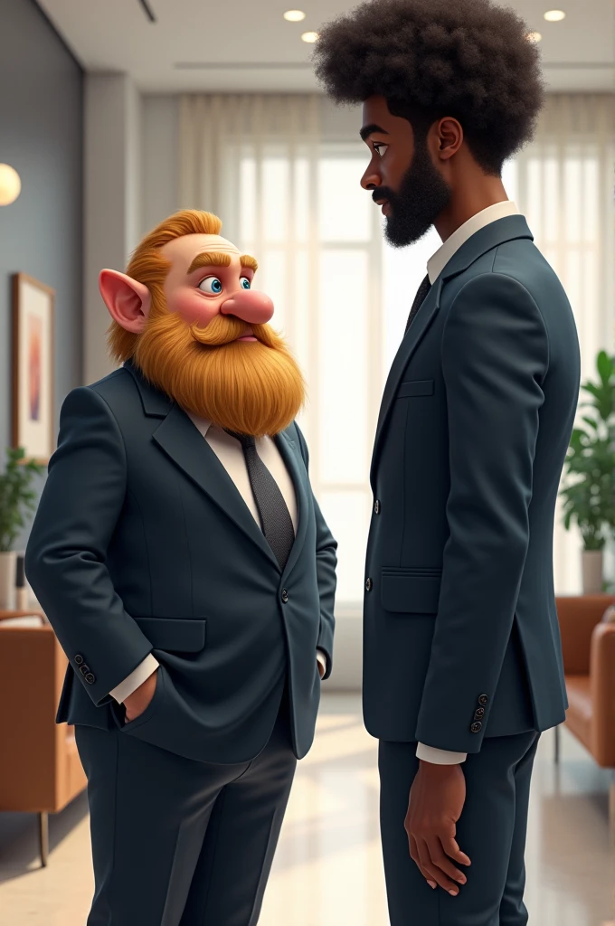 A blond dwarf asking an Arab for a job( without arab clothes) and a black man with afro hair. They were both in suits