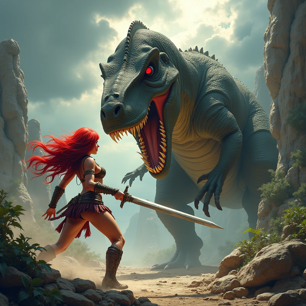 Red Sonja battles a dinosaur.