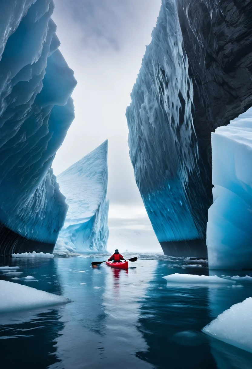 A captivating photograph of a fearless kayaker navigating the frigid waters surrounded by a towering iceberg. The kayaker dons a vibrant red and blue outfit, striking a stark contrast against the monochromatic, icy landscape. The background is a mesmerizing blend of ice, sky, and sea, creating a fantastical and ethereal atmosphere. In the distance, a partially submerged submarine emerges. The scene exudes a serene yet haunting ambiance, leaving a profound and lasting impression on the beholder. mist