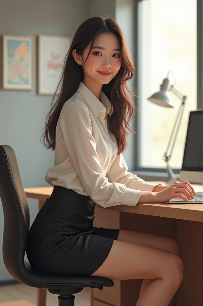 Generates an image of a beautiful young woman of about 18 years old dressed in office clothes and a short skirt sitting at a desk