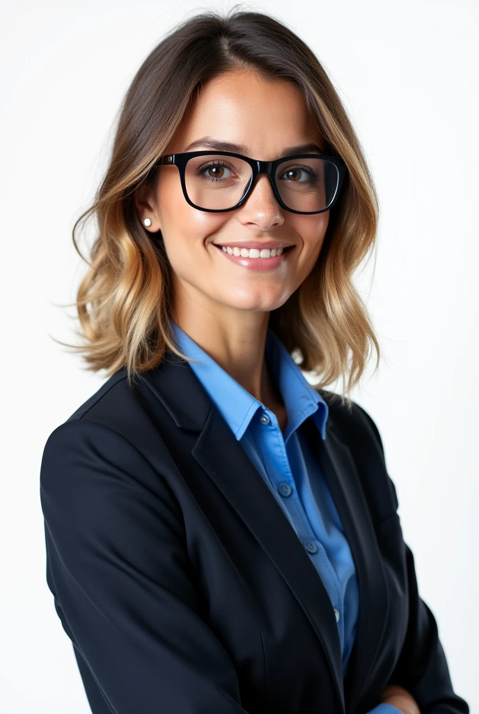 Woman  , customer service representative ,with business attire with blue detail, brown hair with blonde highlights to the shoulder ,brown eyes with black glasses , white background , 