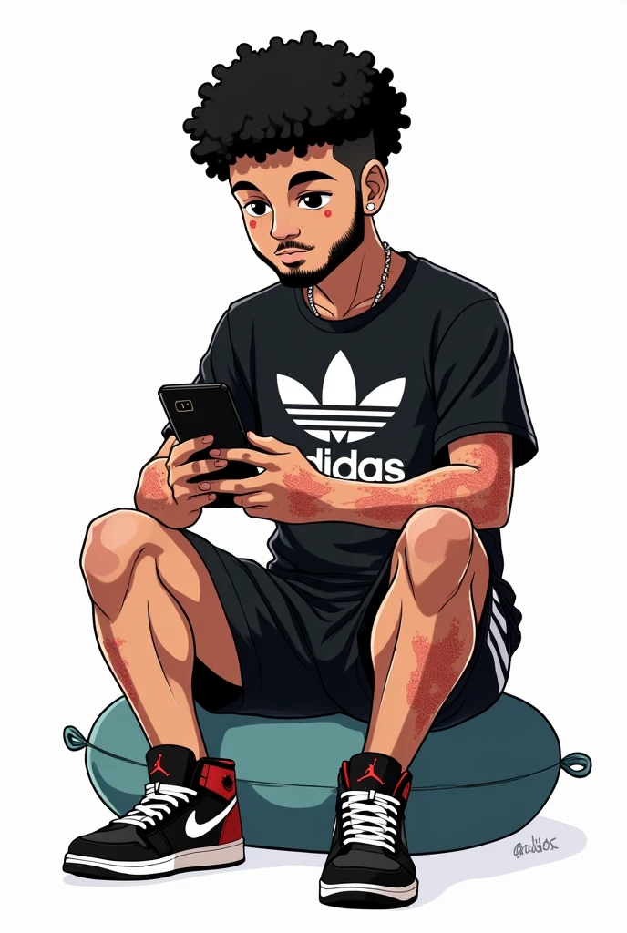 Human man with scars all over his body except his face, hair with curls, short beard black shirt adidad, shorts negros adidas, jordan tennis shoes, sitting on a cushion looking at the phone, with white background anime chibi drawing style