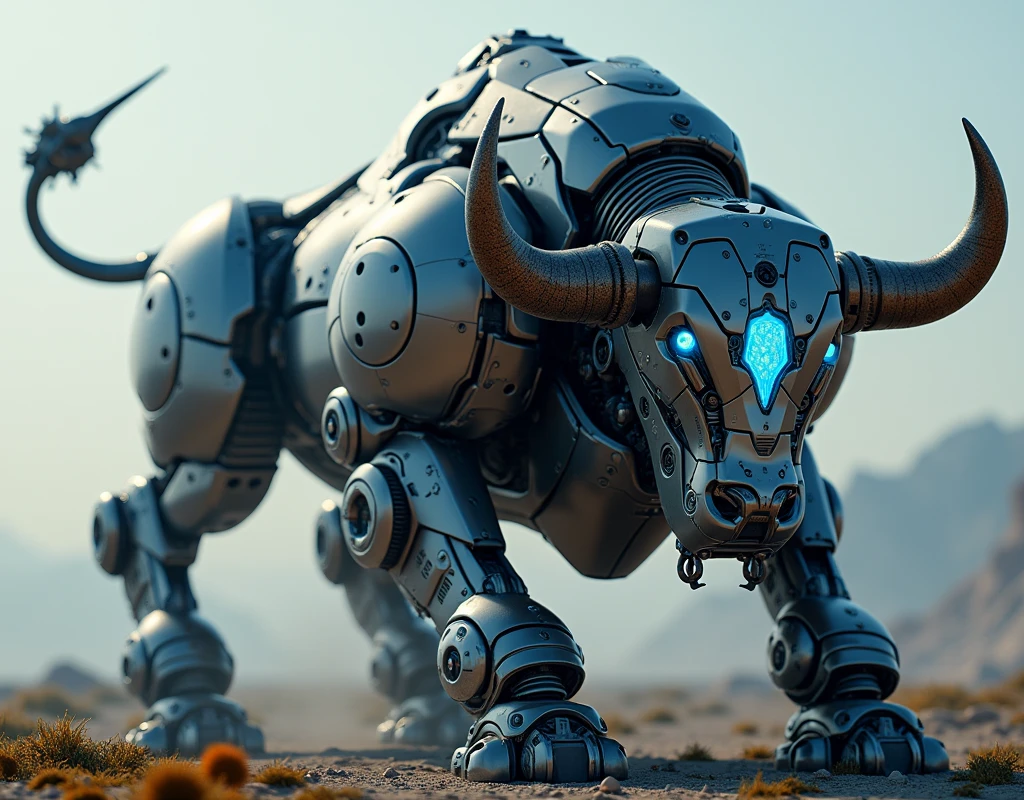 intricate, highly detailed robotic transformer bull, mechanical cyborg bull, gears, hydraulics, metal plating, glowing energy core, powerful claws, intimidating presence, futuristic, sci-fi, cinematic lighting, dramatic shadows, intricate textures, metallic sheen, glowing blue accents, (best quality,8k,highres,masterpiece:1.2),ultra-detailed,(realistic,photorealistic:1.37)