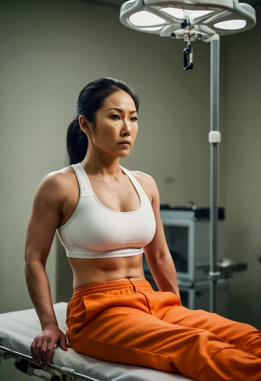 Bautiful athletic 30 year old asian female prisoner wearing white sports bra and orange prison pants lying flat on stretcher in lethal injection room. Toned arms. Officers next to her