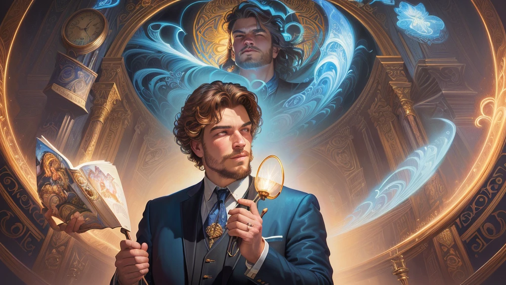 a close-up of a painting of a man holding a light, estilo and mumford e alex gray, The Bosco and Dan Mumford, por Justin Gerard, Alex Gray e Tim Hildebrandt, Anton Fadeev e Mumford, Virgil Finlaytim Hildebrandt, by Jason Benjamin, Cyril Rolando e M.W Kaluta