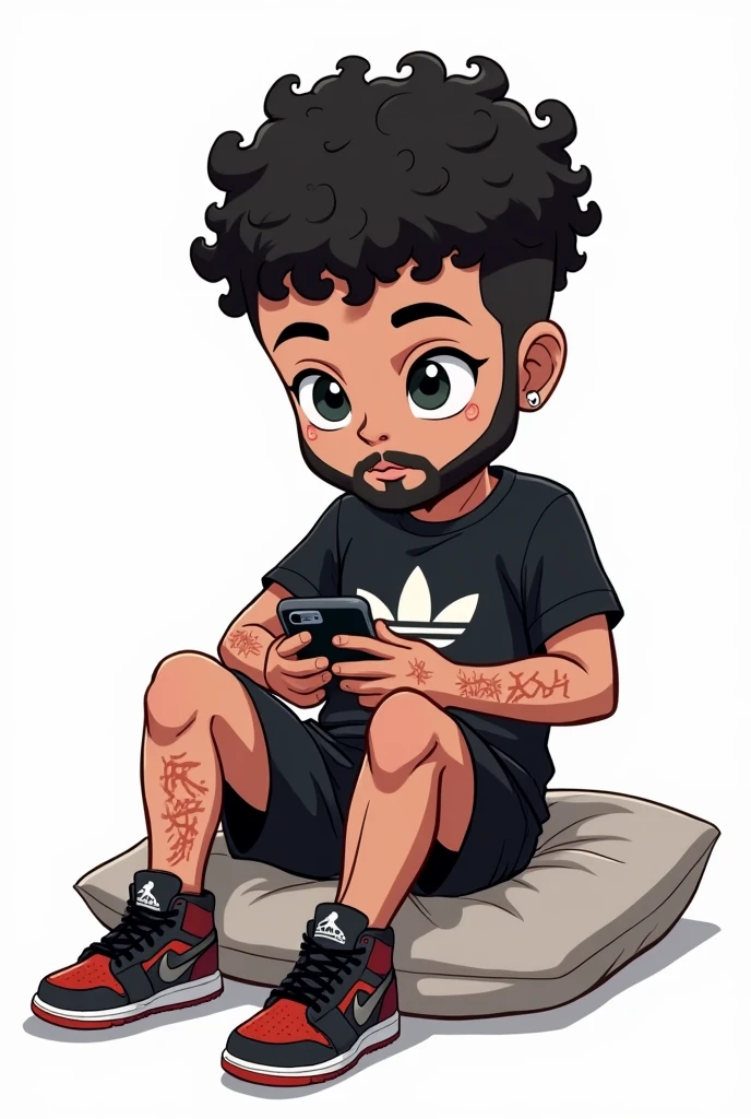 Human man with scars all over his body except his face, hair with curls, short beard black shirt adidad, shorts negros adidas, jordan tennis shoes, sitting on a cushion looking at the phone, with white background anime chibi drawing style