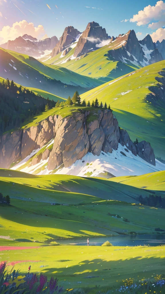 a breathtaking landscape, lush meadow, rolling hills, serene lake, majestic mountains, golden sunset, fluffy clouds, vibrant wildflowers, detailed foliage, natural lighting, photorealistic, cinematic composition, rich color palette, dramatic shadows and highlights, (best quality,4k,8k,highres,masterpiece:1.2),ultra-detailed,(realistic,photorealistic,photo-realistic:1.37),landscape