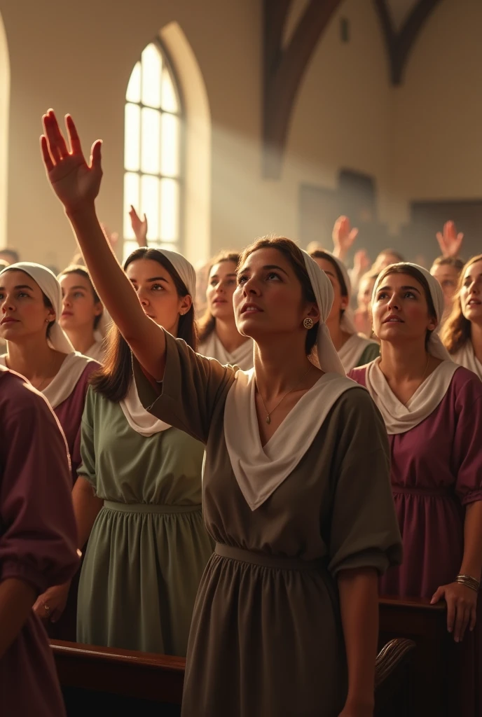 Evangelical Christian women gathered in a non-Catholic church dressed in dresses praising God