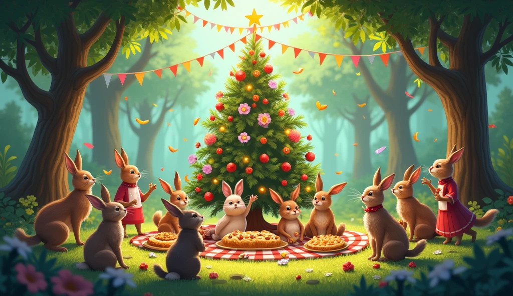 On the day of the celebration, there was a wave of joy in the forest. All the animals, such as rabbits, deer, cats, and other wild creatures, gathered around the tree. The tree was decorated with colorful lights, beautiful flowers, and charming decorations. There was a big table under the tree on which the cat had decorated beautiful food items.