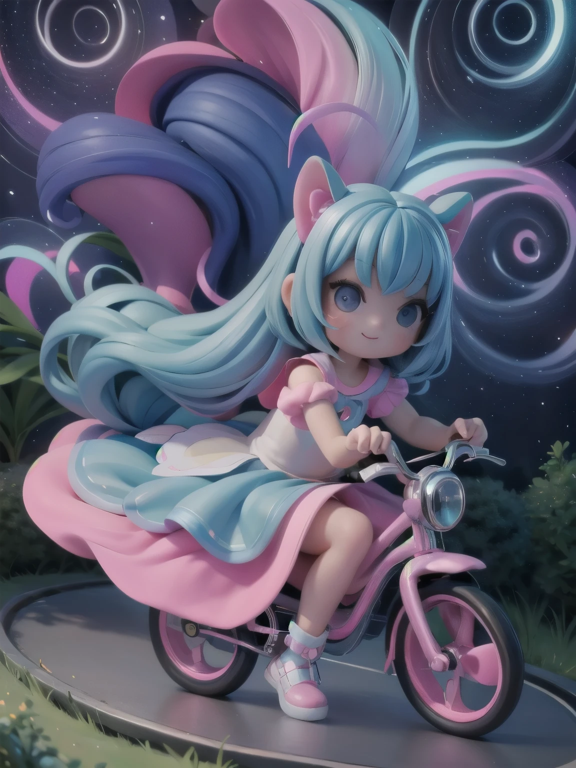 a cute kawaii girl riding a (bicycle) , night scene, fantasy wolrd style, candy world, magical dress, pumps, cristal rainbow track