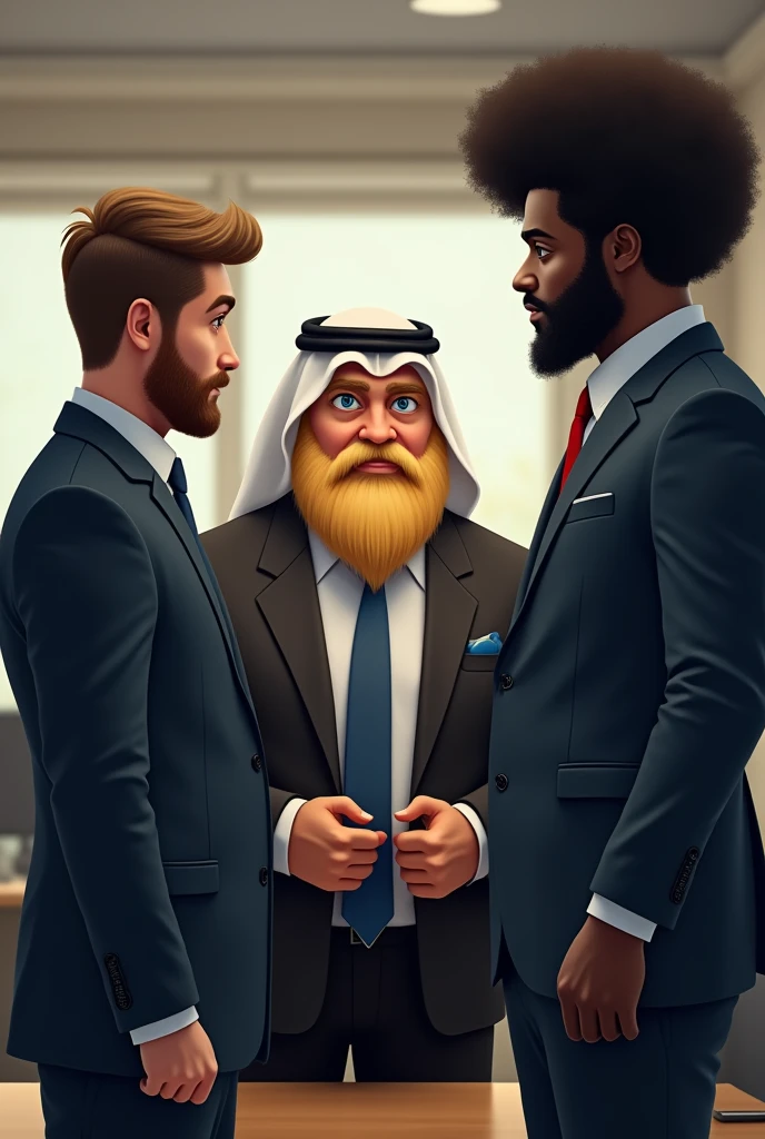 to a blond dwarf asking for a job: an Arab( without arab clothes) already a black man with afro hair. They were both in suits