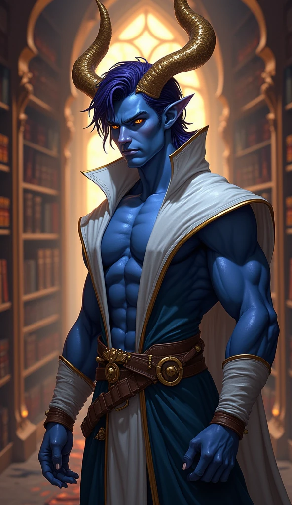 High-fantasy concept art. full body shot. Blue-skinned young muscular male tiefling with smooth, clean shaven face, a prominent very sharply pointed chin, swept back shoulder length dark purple hair, golden horns, and brightly shining golden eyes in a mystical, ancient library. He wears sweeping white and gold robes. Golden hour. Soft, mystical light spills across the tiefling's facial features, accentuating his sharp jawline and horns. Intricate, leather-bound tomes line the shelves behind him. Warm, rich colors and atmospheric shadows. Best quality. Masterpiece. 8k resolution. Infinitely detailed. Dungeons and Dragons. Fantasy creatures. Mythical beings. High-fantasy worlds. Wizards of the Coast. Equipped warrior. Mystical auras. Leather armor. Sorcerous elements.