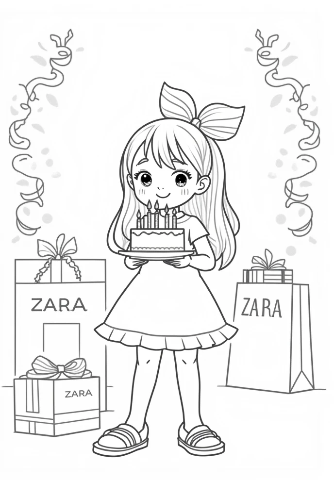 Create an illustration for a children&#39;s coloring book, which can be used in the Zara store. Leave the clothes and background without color., so that children can color them to their liking. Girl blowing out candles on birthday cake. Her hair is long, tied in a bow. She is wearing a short white dress with a full skirt. . She is wearing sandals on her feet.. 
 The background may contain holiday elements - balloons, Garlands, Gift Boxes, Zara bags.