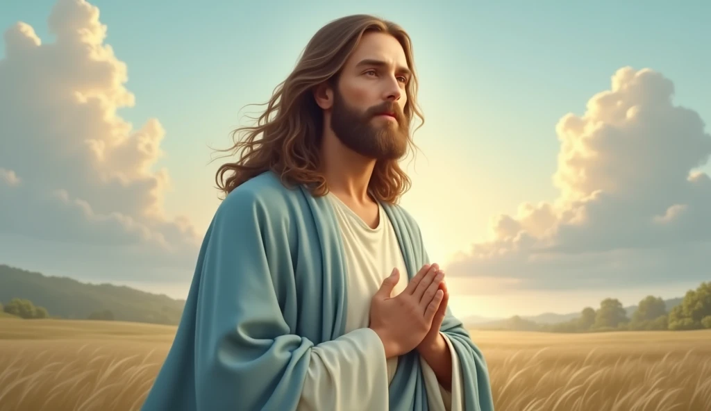 Create an image of Jesus Christ depicted as a kind and gentle figure with a serene expression. He has long, flowing hair, a well-groomed beard, and is dressed in simple robes with a soft white and light blue color scheme. He is shown with one hand raised in blessing and the other hand resting gently on his chest. The background is a peaceful landscape with soft, glowing light, symbolizing divine presence, and a few clouds in the sky.
