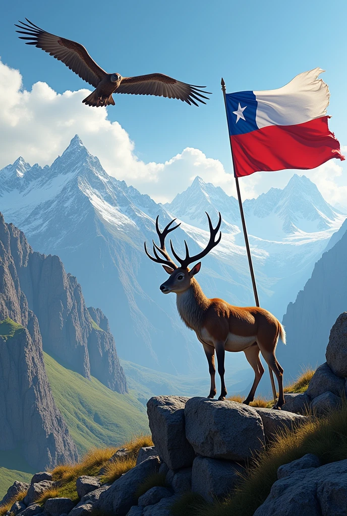 image of mountain range with huemul and condor, In addition to a Chilean flag