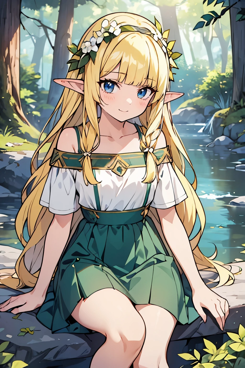  solo girl, (young female body:1.4), ( medium small breasts), cowboy shot, shy smile, flustered, yellow hair, extra long wavy hair, thick wavy hair, hime cut, very blunt bangs, yellow disheveled hair, light blue eyes, forest background, magical trees, river and rocks, elf ears, elf girl, white and leafy bottle green dress, dark forest green dress, off shoulder short sleeves, white flower crown, exposed collarbones, sitting on rocks by the river, bent knee, one leg up, dynamic sitting pose