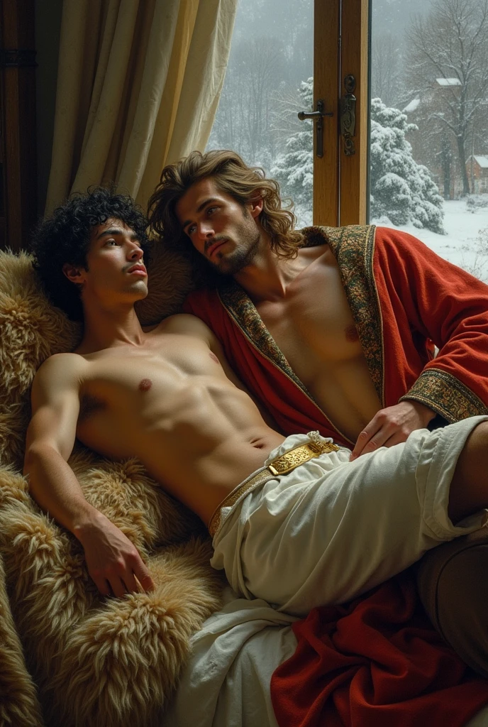 baroque painting+muslim_art fullbody portrait, an arabian prince, cinnamon skin green eyes, wavy black hair, thin face, slender toned body, body hair, beautiful face, next to a young viking, blond, blue eyes, muscular beautiful face, strong, masculine perfect proportions, white skin innocent look, both men laying down on a bearskin blankets bed dynamic movement composition in the background large window to see the snowy day in a viking village in winter
