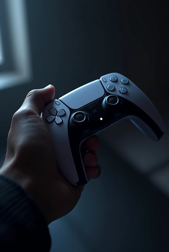 Create an image for a WhatsApp status, I have the PlayStation 5 controller in my hand in an almost dark room but let it be realistic