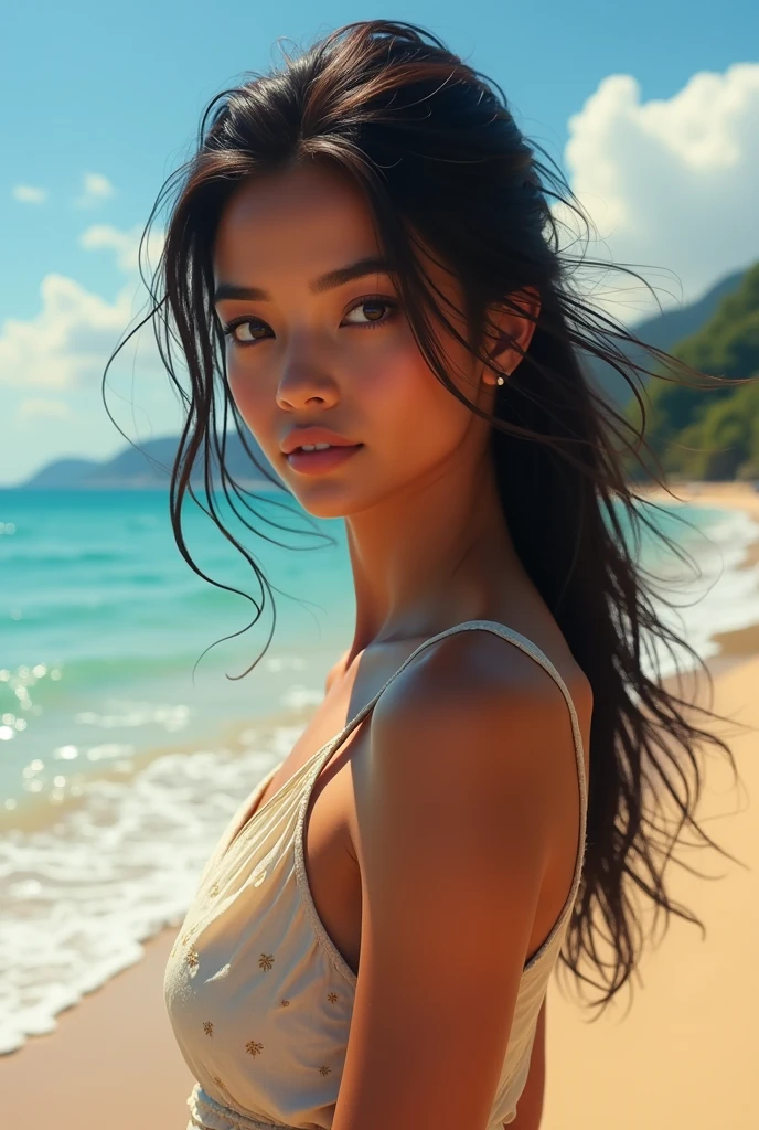 Artistic background woman long black hair hazel eyes tanned skin beach