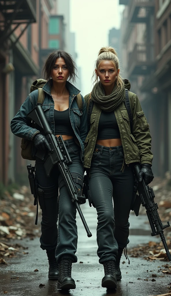 realistic, full body shot, photography, (Tom Clancy's The Division game,) 2 girls, military women, short dark brown hair, long blond hair in ponytail, military mercenary outfit in camouflage city colours consisting of black denim combat trousers and t-shirt and camo jacket and arafat around the neck and military gloves, armed, gun at belt, huge automatic riffle in hand, military backpack on the back with found items, larger bust, athletic, dirty, sweaty hairs, no make-up, perfect body proportions, beautiful and dangerous, eye-catching, They walk down a dark passage between buildings,  aiming with riffle to enemy, A closed and contaminated New York, empty and dirty streets of  New York, an apocalyptic vision of a world overrun by a virus, 8k, ultr-detailed, hiper-realistic, shallow depth of view, focus on women,