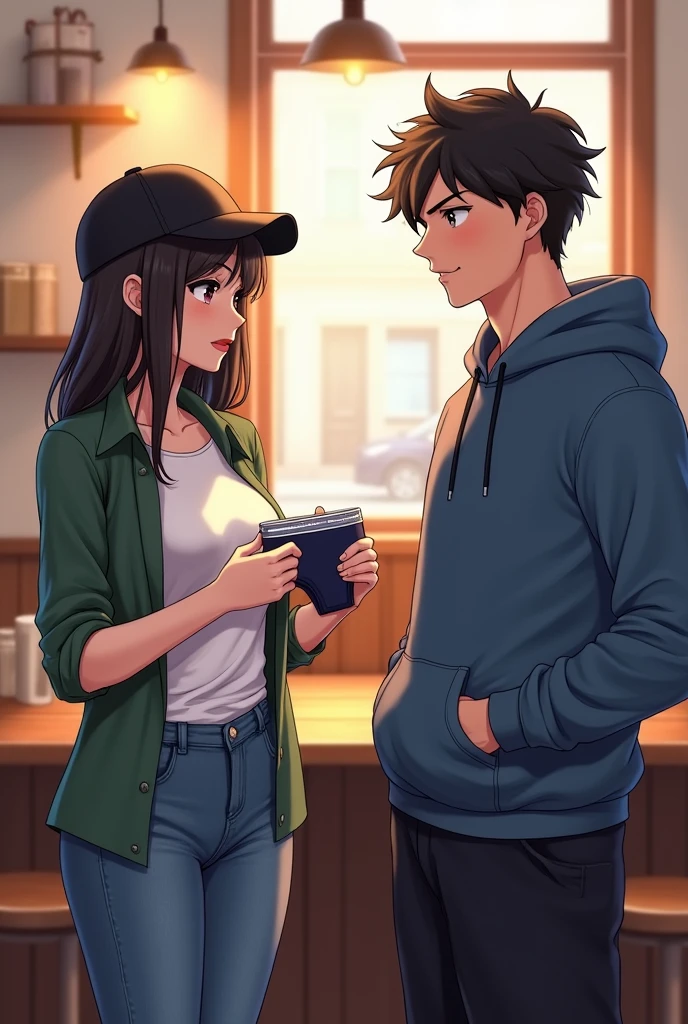 PLAYING está em um café aconchegante, sitting at a table with Ricardo. PLAYING, dressed in jeans, a white T-shirt, a green blouse and a black cap over her black hair, reaches out to discreetly hand Ricardo a pair of boxer briefs. Ricardo, dressed in a blue sweatshirt and black sweatpants, has black hair and black eyes. Ele olha para PLAYING com uma expressão de surpresa e um sorriso, picking up the underwear with curiosity. The cafe in the background has a cozy atmosphere, with soft light, wooden tables and a window that shows the street outside. The scene captures a moment of light and relaxed friendship.