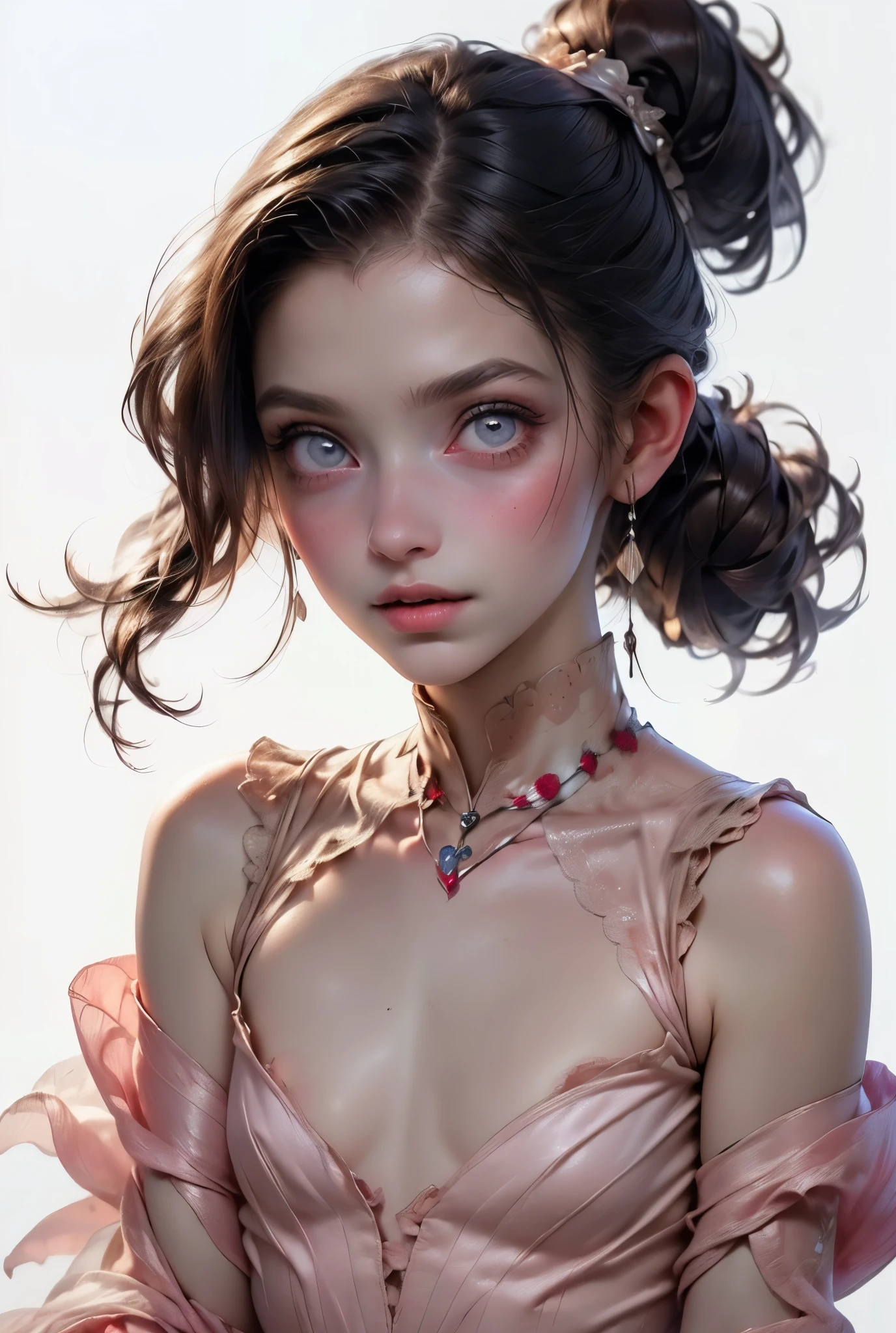 ((best quality)), ((masterpiece)), (detailed), perfect face (((masutepiece, of the highest quality, super detailed))), hand drawn style, hand painted style, watercolour, sketch, a knight, white background, plain background, Bloodborne inspired, tatty Bloodborne attire, occult aesthetic, occult, tatty red and white clothing detailed and intricate steampunk and detailed gothic ta (with a hood), long coat, Complex laced boots, Fluttering lace flared long knee length dress with frilly petticoats, long dress, knee length dress, pleated petticoats, loliress, petticoats gothic lolita aetic, beautiful small breasts, (((flat chest:1.1))), (((( Highly detailed face))), small thin nose, Small thin lips mouth, (((Very sharp focused eyes))), Very large slit precision pale grey eyes that shine like jewels. looking here, (resolved expression), (resolute expression), ((dark hair)), ((long ponytail, thick ponytail, heavy ponytail)), very long eyelashes, white background, Very dramatic and cinematic lighting, tatty damaged old red and white clothing, full body, whole body, body, ((NSFW))