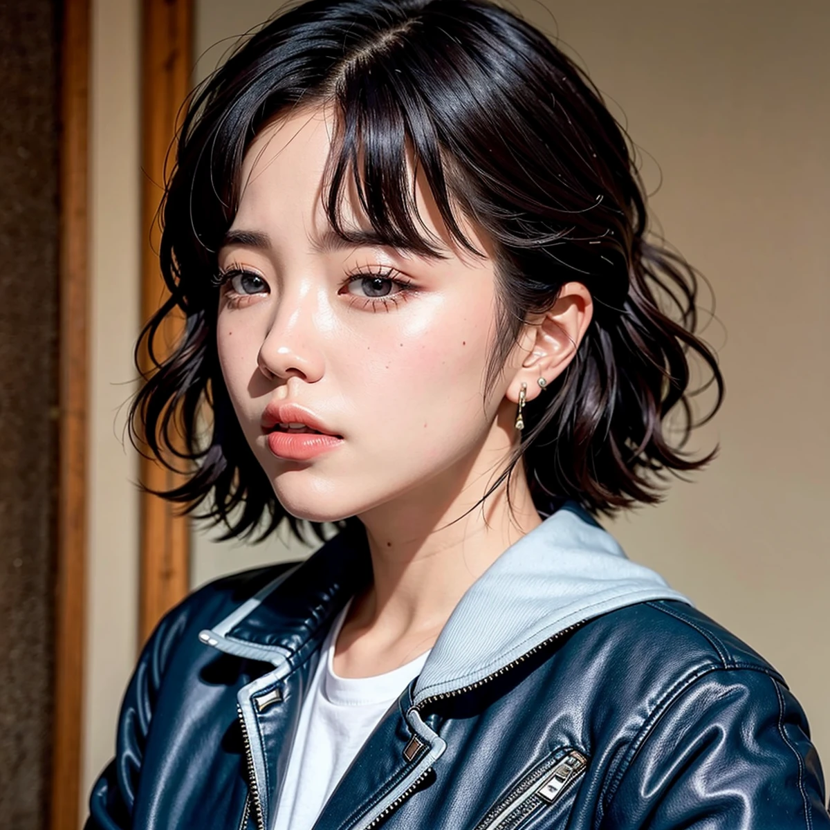 a close-up of a person wearing a jacket , Jimin\full lips, Jimin\ , Jimin, jimin park, Jimin's precise face., Jimin\the greek nose, Jung Jaehyun, jia, TaeJune Kim, Yoongi with black hair, Hyung Tae, Mark Lee, handsome androgynous prince