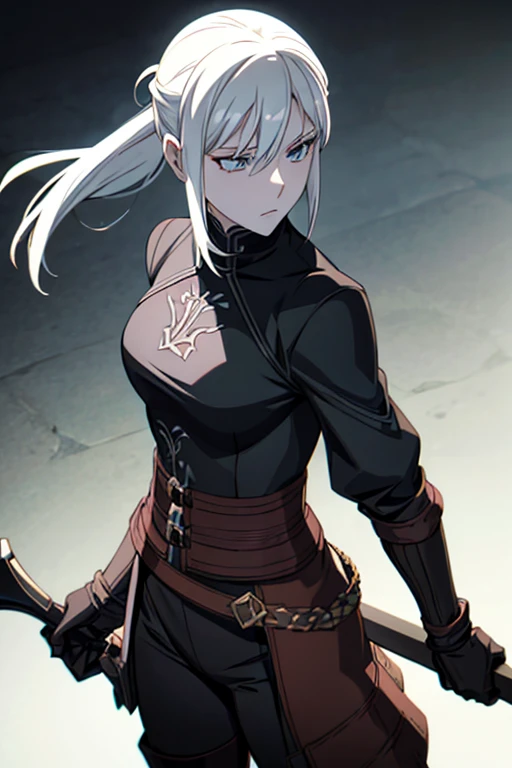 a illustration of a female rogue, pale_skin albino, ((white_eyes)), white_hair ponytail, black_clothes, black_armor leather_armor, black_pants leather_pants, thief, cowboy_shoot, female_focus, simple_background, solo, final fantasy tactics, jrpg, demacia, vox machina style, dungeon_meshi