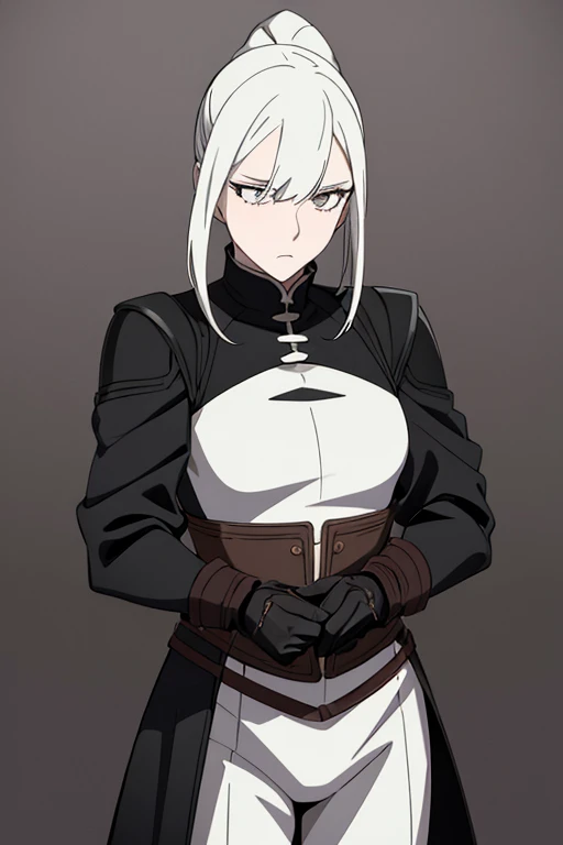 a illustration of a female rogue, pale_skin albino, ((white_eyes)), white_hair ponytail, black_clothes, black_armor leather_armor, black_pants leather_pants, thief, cowboy_shoot, female_focus, simple_background, solo, final fantasy tactics, jrpg, demacia, vox machina style, dungeon_meshi