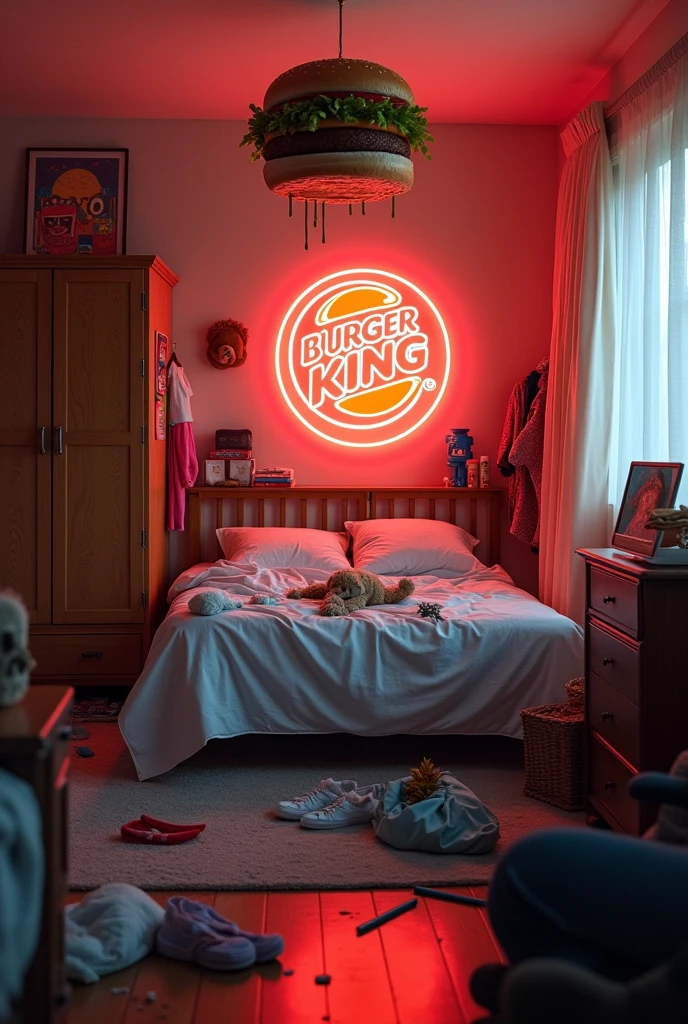 messy Bedroom, Bed, Wardrobe, Luminous Buger King logo hanging on the wall, 8k, High Quality, store facade, hamburger above the bed