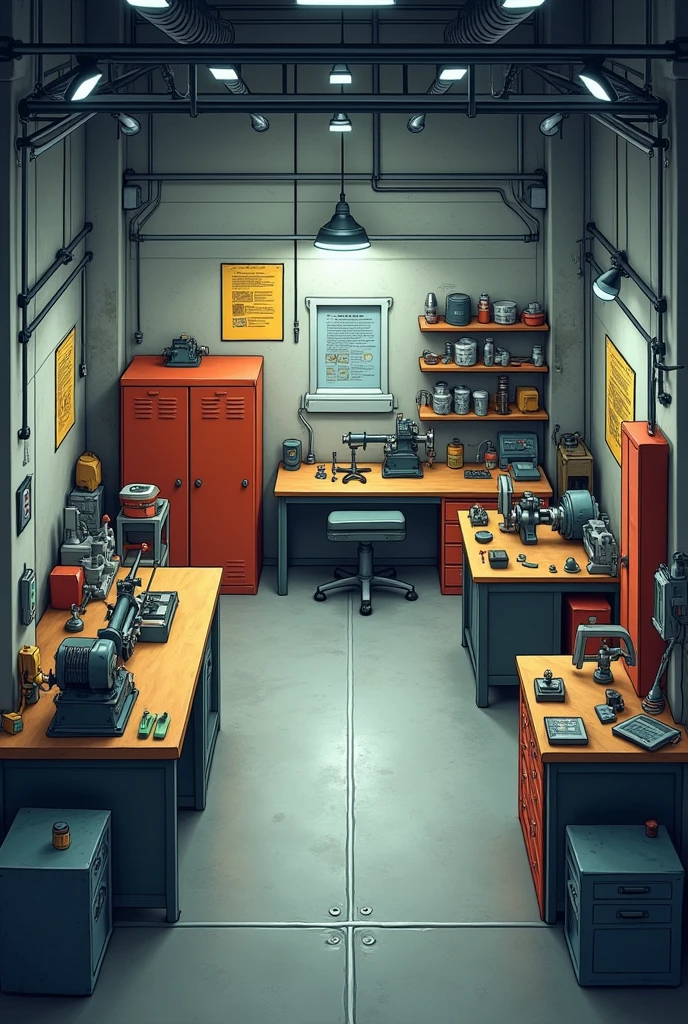 Create an image of the distribution that an electrical workshop should have, which has the following elements: 3 tall cabinets, 4 lockers, a lathe machine , an emery , a desk, a large table for work and a high shelf for spare parts