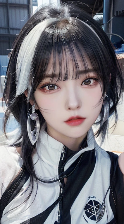 anime girl with black hair and white shirt with earrings, awesome anime face portrait, guweiz style artwork, as a mechanic lady, detailed anime character art, guweiz, detailed portrait of anime girl, 1 7 year old anime gothic girl, anime character art, detailed digital anime art, Portrait of a lady mechanic, beautiful animated portrait