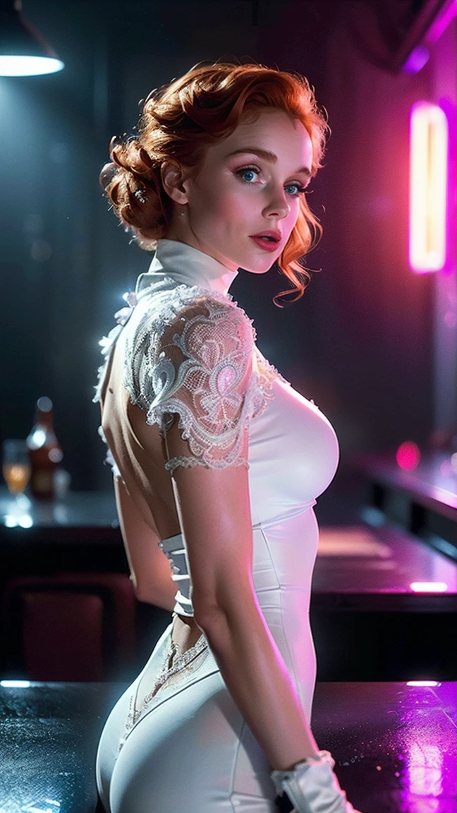 (8k, ARTISTIC photography, best quality, masterpiece: 1.2), (realistic, photorealistic: 1.37), over-detailed, (high-detail skin: 1.2), 8k uhd, SLR camera, soft lighting, high quality, film grain, Arri Alexa, cinematic lighting, photonic display, brightness, physically rendered photo (80s style Female villain in a bar,), cute face, (((Lily Cole))), ( red neon in background lights) ((no smile)), over-detailed face, (( dressed  futuristic Alexandre Vauthier dress)),  ((( white clothes )), ((( intricate outfits))), posing, a bar with neon lights, nightclub, smoking (((pure 8K))), (((perfect ???????))), extremely high-quality graphics, Riddley Scott, Blade Runner, Denis villeneuve (((cinematic lighting))), ((clear details)), complex, highly detailed background,