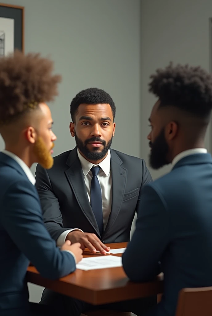 to a blond dwarf asking for a job: an Arab( without arab clothes) already a black man with afro hair. They were both in suits, the dwarf is not the architect