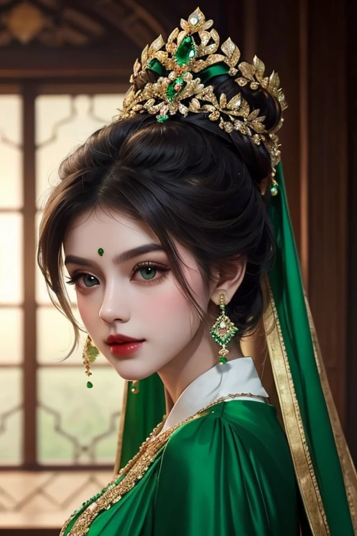 A girl in an emerald dress with dark hair in a beautiful bun hairstyle and a bunch of emeralds