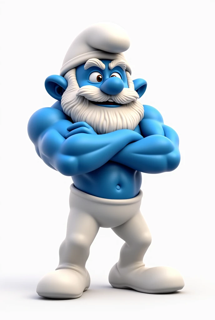Make Papa Smurf in white clothes and with a more bodybuilder appearance, make him with his arms crossed, in 2d logo form