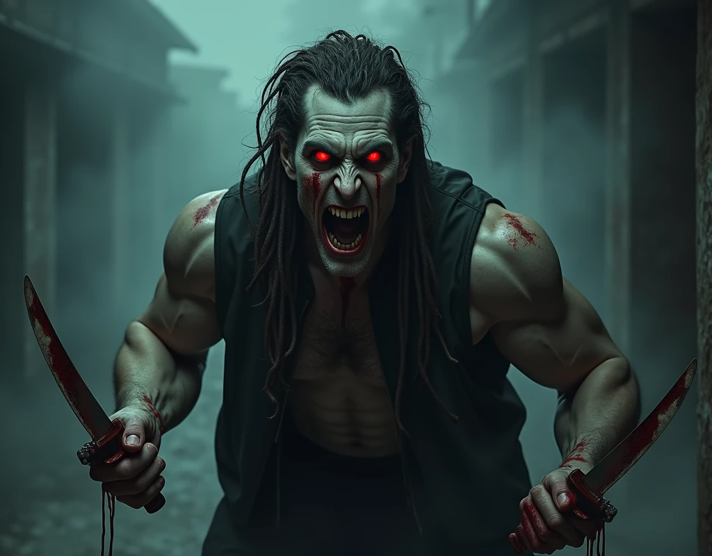 (raw photo, best quality) , (Realistic, photo-realistic: 1.3), Extremely formidable, general plan, masterpiece, ultra-detailed, high resolution, Best illustration, best shadow, complex, depth of field, horror, scary, terrifying, single, man 1 (male), athletic, pale white skin, dirty hair, dreadlocks (scary eye), (red eyes) bad eyes crazy, sadistic smile of crazy monster with sharp and pointed teeth, elongated chin, piercing lips, look at the viewer, black clothes, sleeveless black jacket, blood, sangy, crazy expression, sharpness, his hands hold knives, volumetric fog, 8k, digital SLR, high quality, (film grain: 1.4), Fujifilm XT3, Night, night