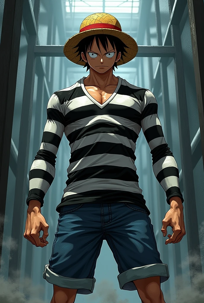 Monkey D. Luffy Gear 5 in Prison Uniform Long Sleeve Black and White Striped Original Anime One Piece