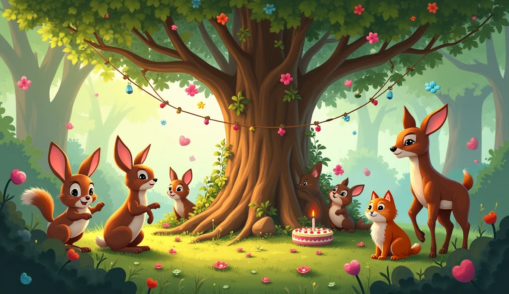 As the celebration began, the animals frolicked happily. The rabbit tried to please everyone with his friendly manner, the deer surprised everyone with his quick steps, and the cat enjoyed the beautiful music. Everyone celebrated the tree&#39;s birthday together and sang beautiful songs.