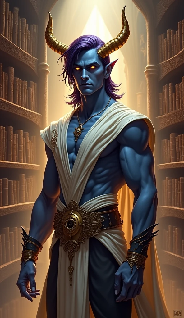 High-fantasy concept art. full body shot. Blue-skinned young muscular male tiefling with smooth, clean shaven face, a prominent very sharply pointed chin, swept back shoulder length dark purple hair, golden horns, and brightly shining golden eyes in a mystical, ancient library. He wears heavy sweeping white and gold robes. Golden hour. Soft, mystical light spills across the tiefling's facial features, accentuating his sharp jawline and horns. Intricate, leather-bound tomes line the shelves behind him. Warm, rich colors and atmospheric shadows. Best quality. Masterpiece. 8k resolution. Infinitely detailed. Dungeons and Dragons. Fantasy creatures. Mythical beings. High-fantasy worlds. Wizards of the Coast. Equipped warrior. Mystical auras. Leather armor. Sorcerous elements.