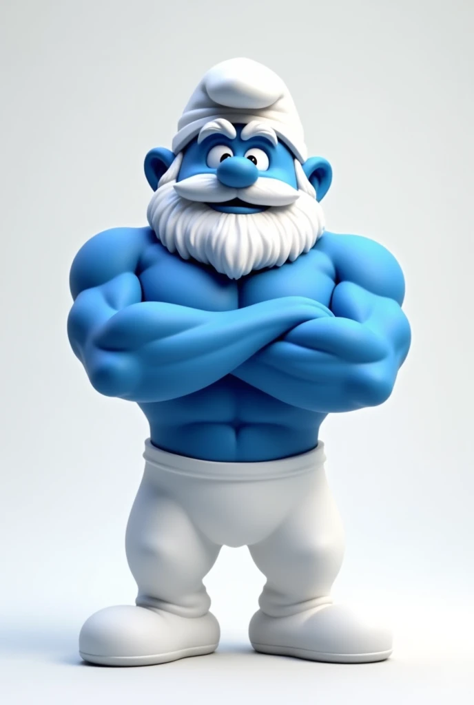 Make Papa Smurf in white clothes and with a more bodybuilder appearance, make him with his arms crossed, in the form of a logo in 2D version