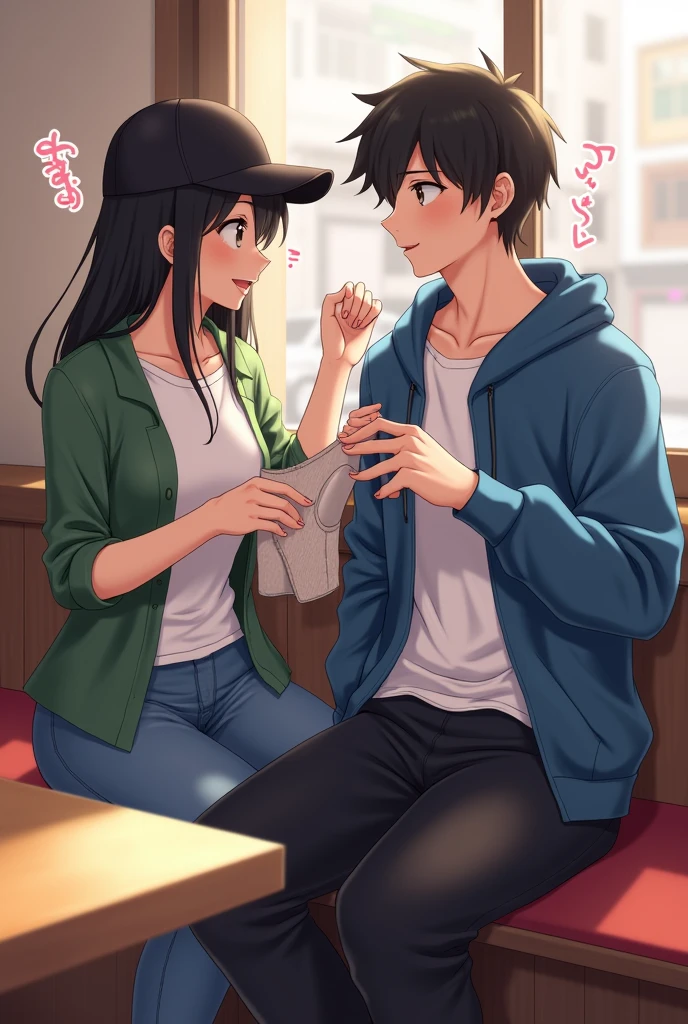 PLAYING é um homem e está em um café aconchegante, sitting at a table with Ricardo. PLAYING, dressed in jeans, a white T-shirt, a green blouse and a black cap over her black hair, reaches out to discreetly hand Ricardo a pair of boxer briefs. Ricardo, dressed in a blue sweatshirt and black sweatpants, has black hair and black eyes. Ele olha para PLAYING com uma expressão de surpresa e um sorriso, picking up the underwear with curiosity. The cafe in the background has a cozy atmosphere, with soft light, wooden tables and a window that shows the street outside. The scene captures a moment of light and relaxed friendship.