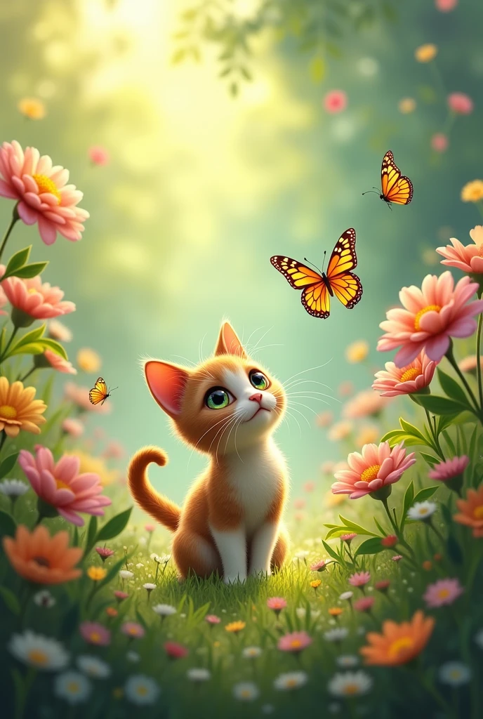 Little cat in a beautiful garden . Her eyes shone when she saw many butterflies among the flowers .
The cat was playing with butterflies