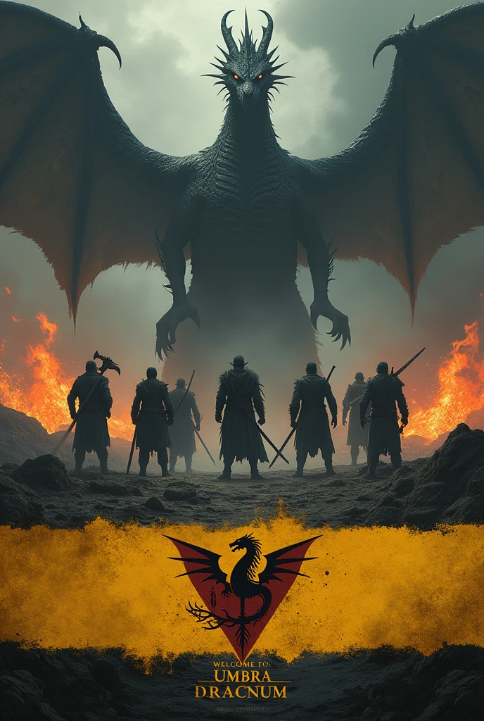Create me an image with a somber and dark tone, with flames rising from the ground in shades of yellow and red, keeping that dark tone. From far behind should emerge the shadow of an oriental dragon. From the floor should anchor a banner, with a dark yellow flag and a line in the middle of dark red v-shaped, and in the center place the logo of a full black dragon. Finally before the flames that appear 7 warriors in the style of World of Warcraft or Albion Online, wearing clothes in dark tones and weapons such as axes, swords, staffs of ice and fire mage, spears, and sticks. And finally at the bottom of the image the following text "Welcome to Umbra Draconum". Centered text, first smaller the "Welcome to" and underneath bigger and more imposing the text "Umbra Draconum".